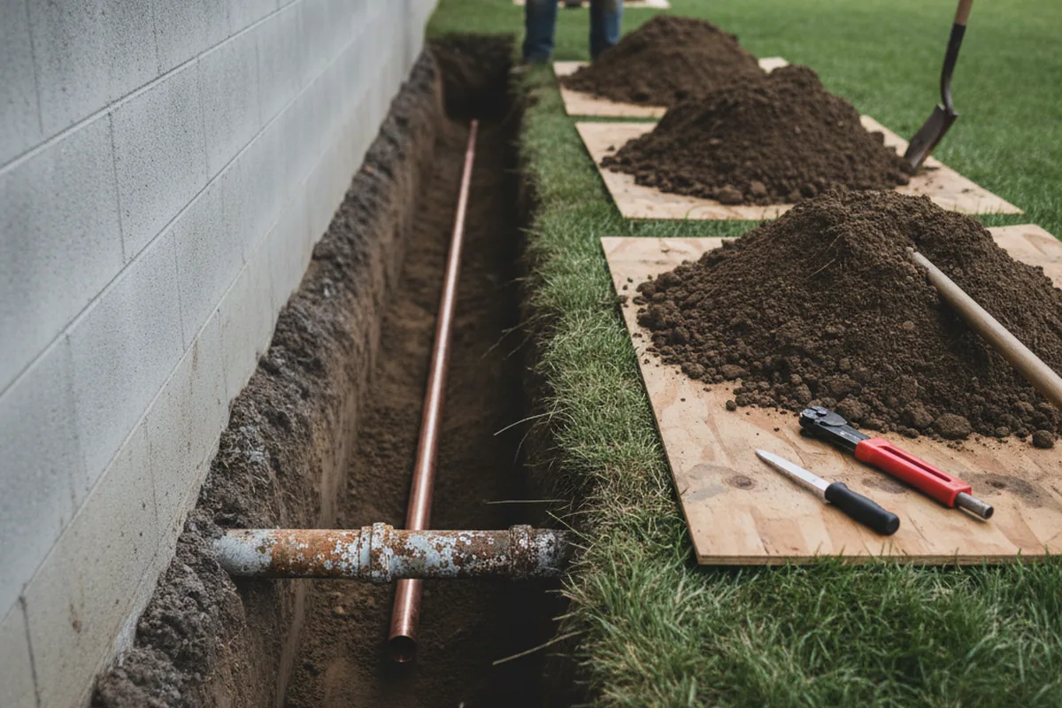 Excavated water line trench during Water Softener Installation in Dongola